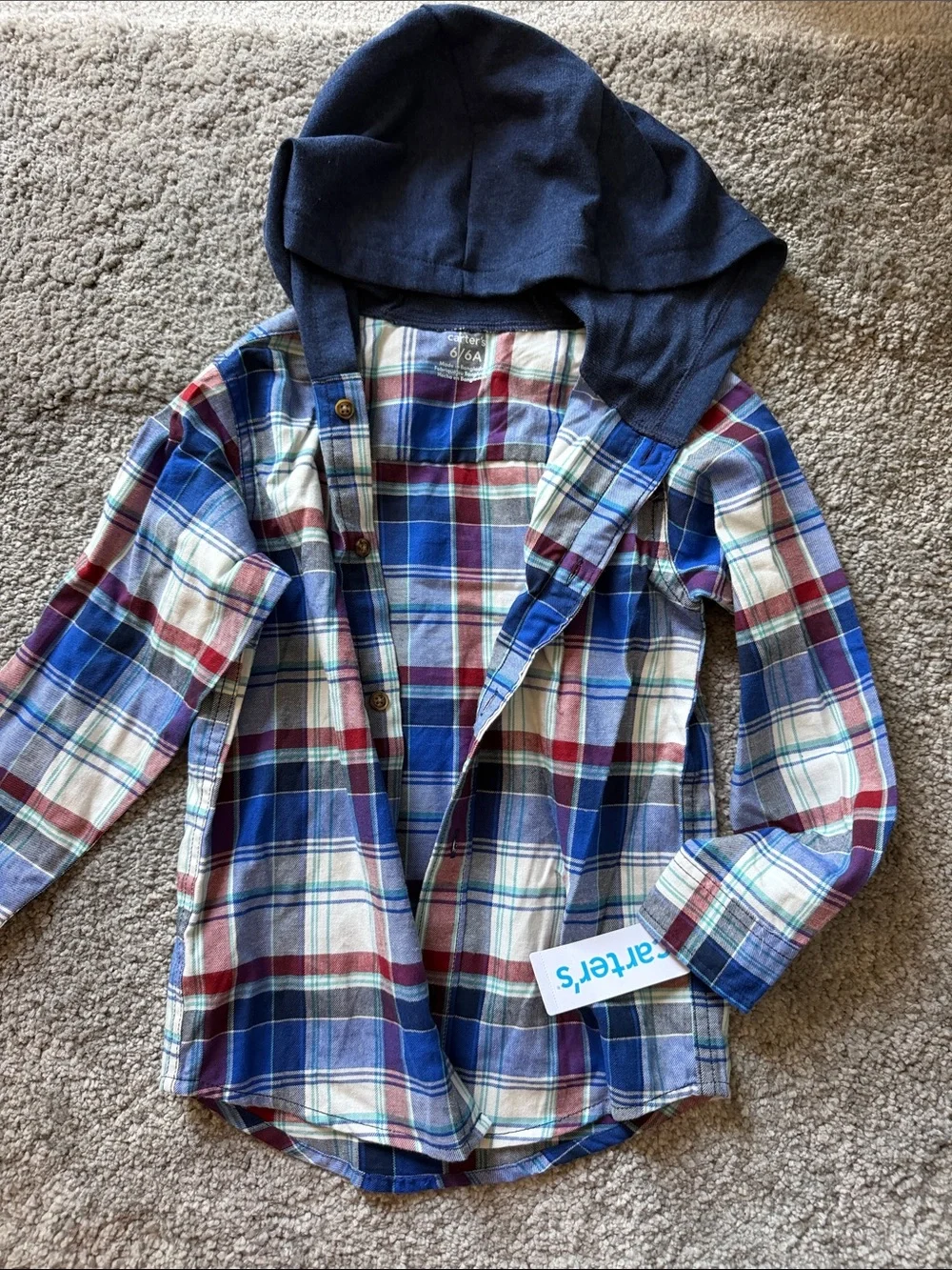 Carter's Blue, Red & White Plaid Hooded Button-Down Shirt